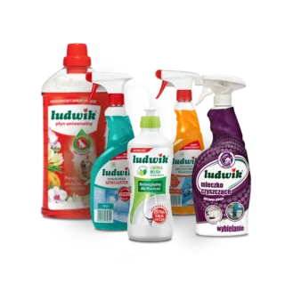 Zestaw Ludwik do domu (neutralizator zapachów, płyn do zatłuszczonych powierzchni, do mycia szyb, mleczko do czyszczenia, płyn do naczy)