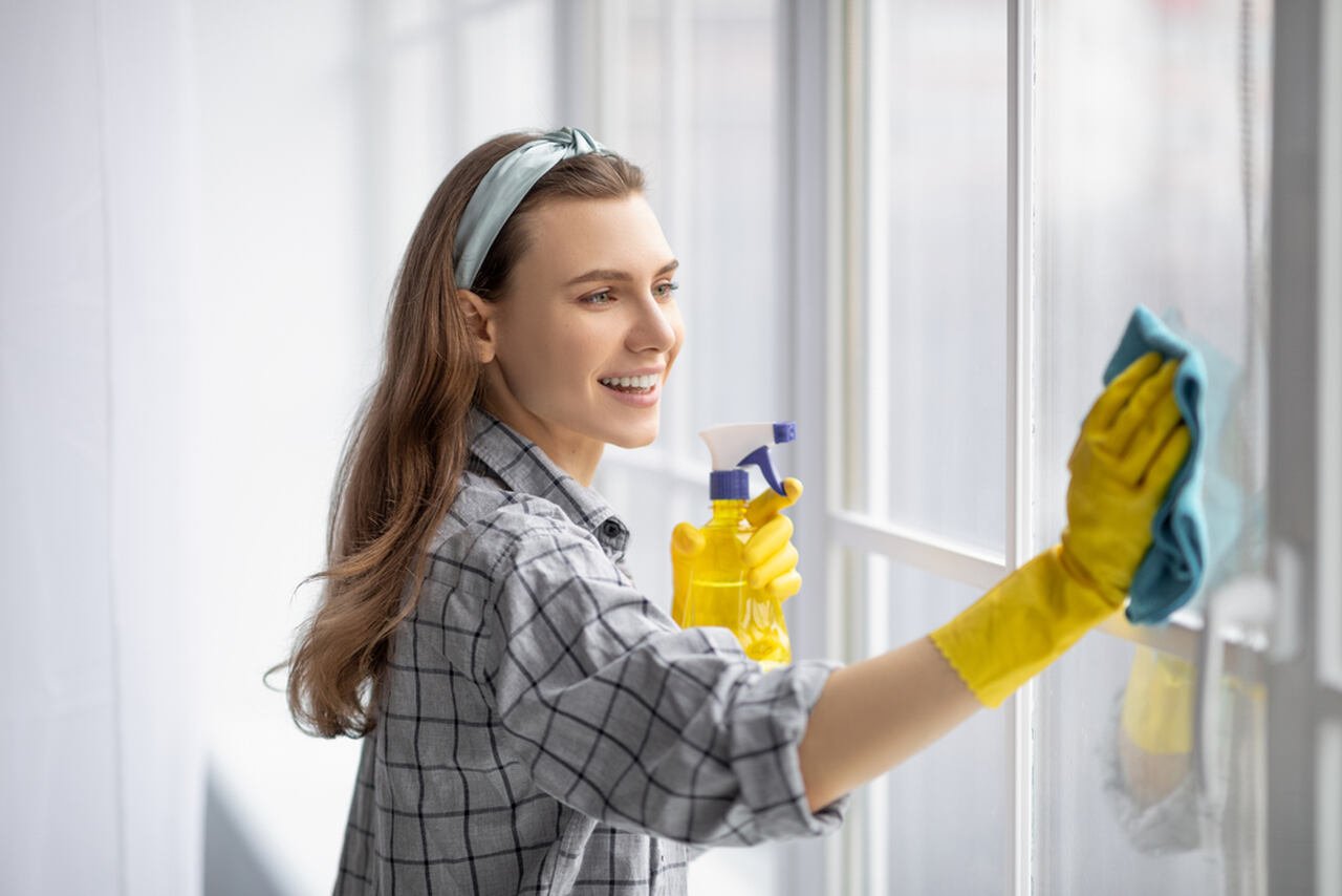 kobieta myjąca okno