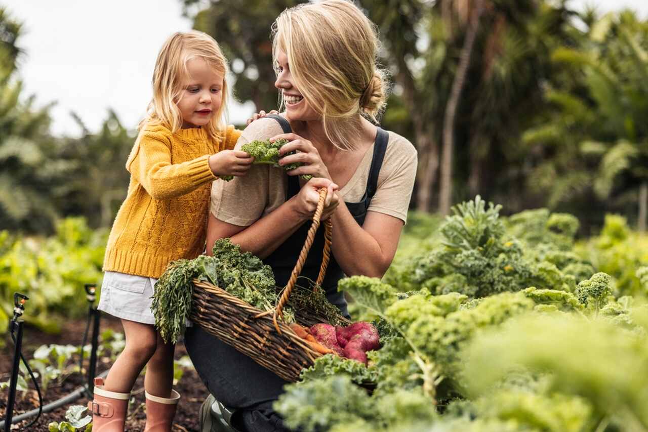 matka i córka zbierające warzywa