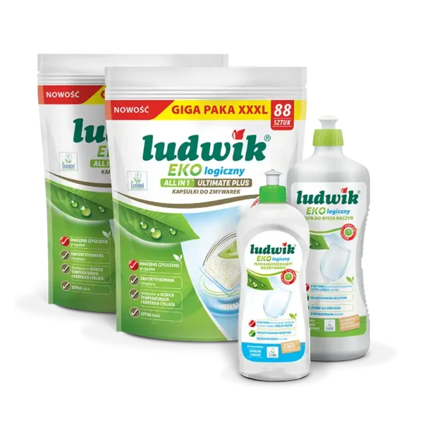 Zestaw Ludwik Ekologiczny do zmywarki (2xkapsułki do zmywarki 88 szt, płyn nabłyszczający, płyn do naczyń)